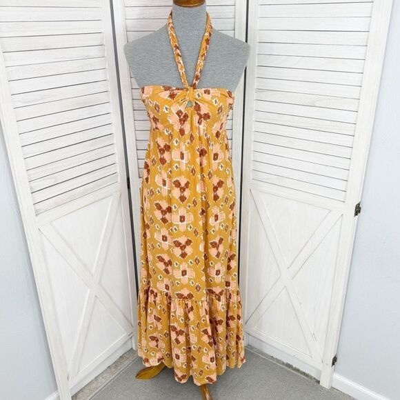 Aerie Ikat Linen Blend Tiered Tie Neck Maxi Sundress Yellow Small Boho Western - Picture 1 of 13